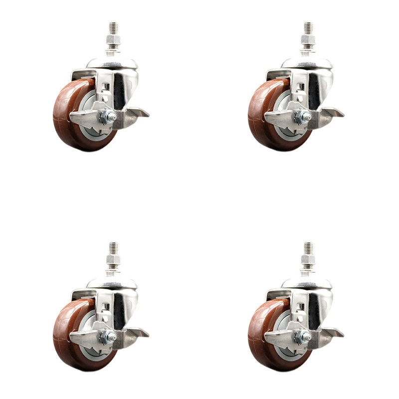 Ensemble de roulettes à tige filetée en polyuréthane pivotant de 3 pouces 316SS marron de 12 mm