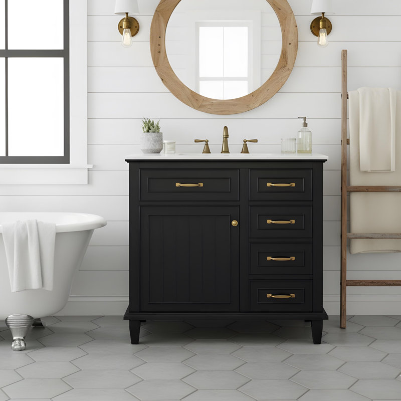 Meuble-lavabo 36 po avec lavabo et rangement, Noir, Doré