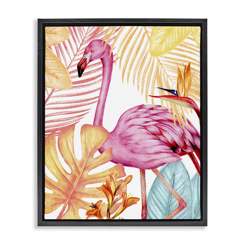 "Flamant rose et plantes aux couleurs vives", art mural sur toile flottante, design par Kim Allen, H 21 po x l 17 po