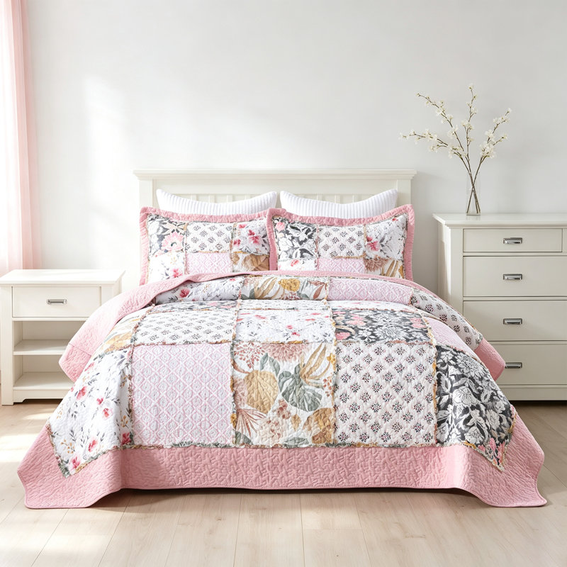 Ensemble de courtepointe en patchwork 3 pièces 100 % coton, couvre-lit brodé avec de véritables points de couture, réversible, léger et respirant pour toutes les saisons, doux et matelassé, avec 2 taies d'oreiller, taille Queen