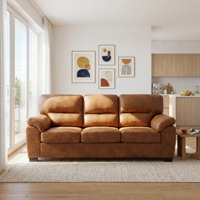 Mid-Century Modern 81-Inch Fabric Sofa with Padded Arms and Sleek Black Triangular Legs