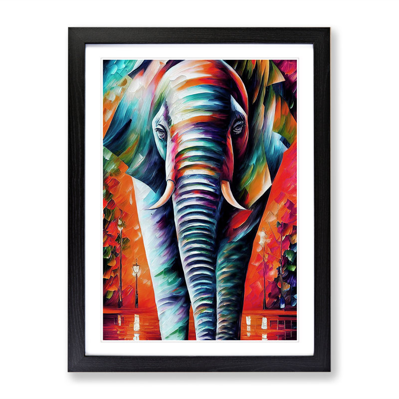 Colourful Elephant No.2 - Wall Art, Black Framed, 36cm H x 27cm W x 2cm D, White