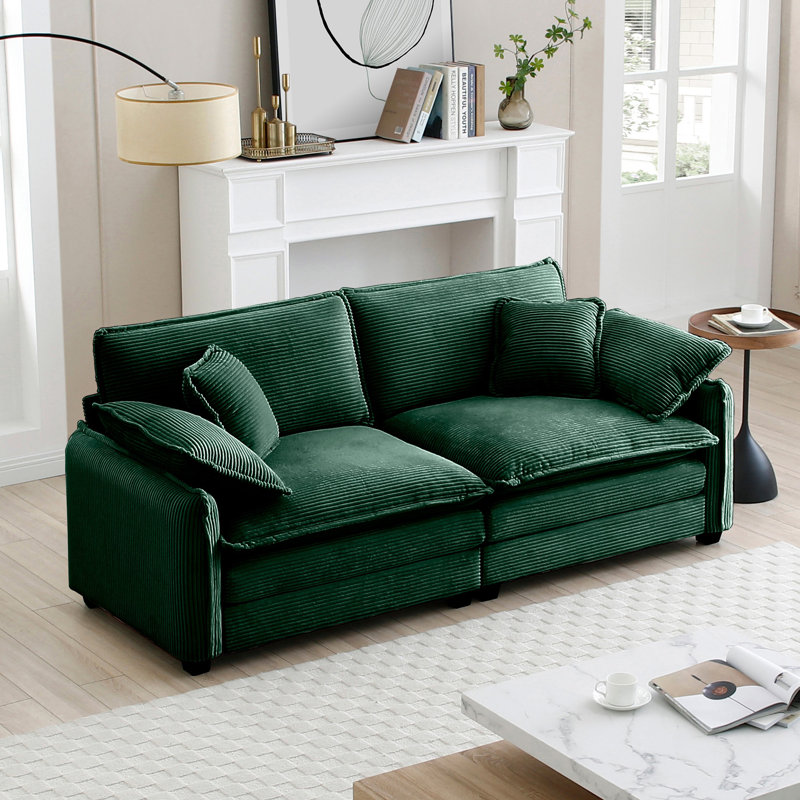 Canapé de salon chaleureux et confortable avec 4 coussins et 2 coussins pour le salon, velours côtelé vert, Vert