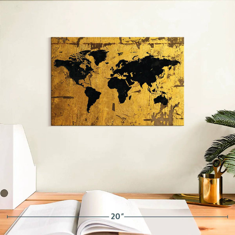 Aliaz Black On Gold World Map, 8" H x 12" W