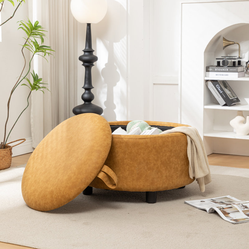 Savinien Upholstered Round Storage Ottoman, Yellow Performance Faux Leather
