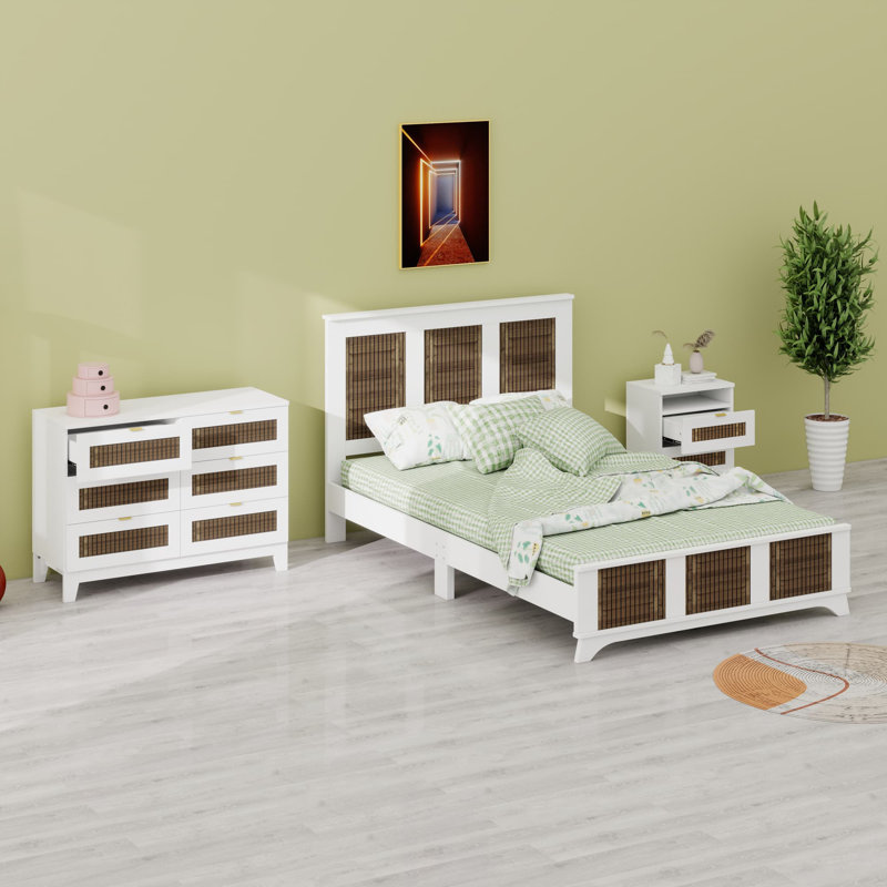 Lit plateforme avec table de chevet et commode avec rangement, Blanc