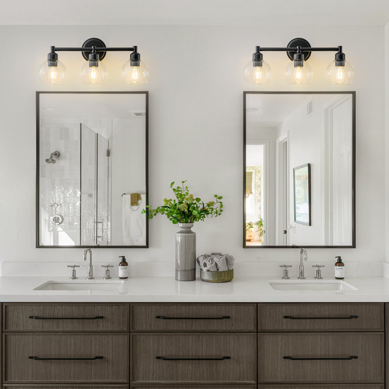 Éclairage pour salle de bain 3 lumières sphériques en verre transparent à intensité variable, Noir mat