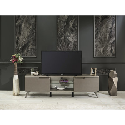 Meuble télé Mid-Century 2 armoires 2 portes 1 tablette en verre Unité de télévision 66 po