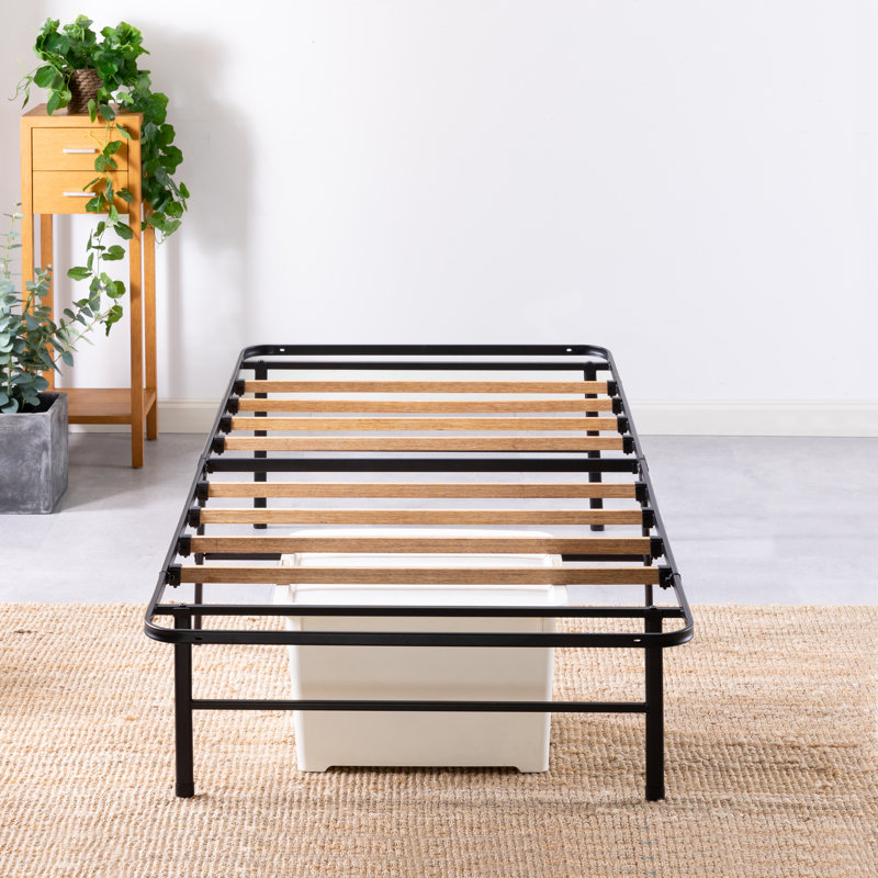 Twin XL Black Metal Platform Bed Frame with Bamboo Slats