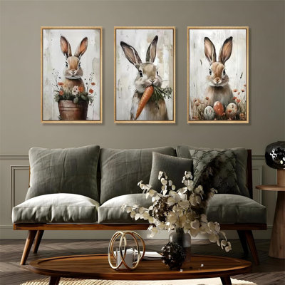 3Pcs Vintage Rustic Bunny Rabbit Canvas Wall Art Set