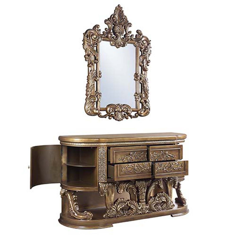 Desserte demi-lune avec sculptures florales à volutes creuses et 3 tiroirs, bronze
