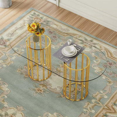 Table de salle à manger ovale en verre trempé de 71 pouces avec colonne double dorée, résistante aux égratignures et facile à nettoyer, lumière luxueuse moderne pour 6 à 8 personnes