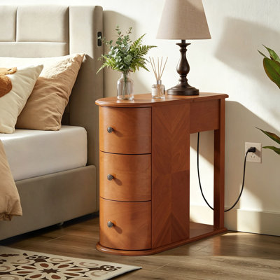 Table de bout moderne, table d'appoint avec tiroirs, porte-gobelet et prise de courant pour chambre à coucher, salon