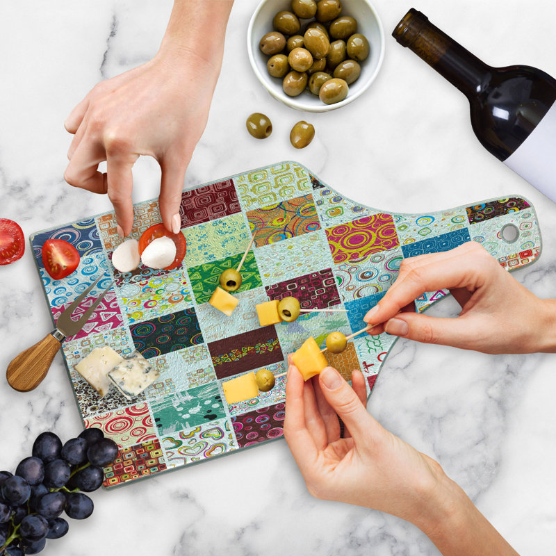 Ambesonne Colourful Tempered Glass Cutting Board Patchwork Retro Style Multicolor