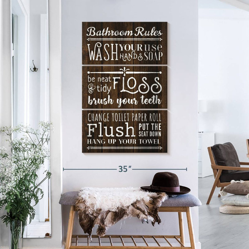 Rustic Bathroom Rules On Canvas 3 Pieces Set, 24" H x 38" W x 1.25" D