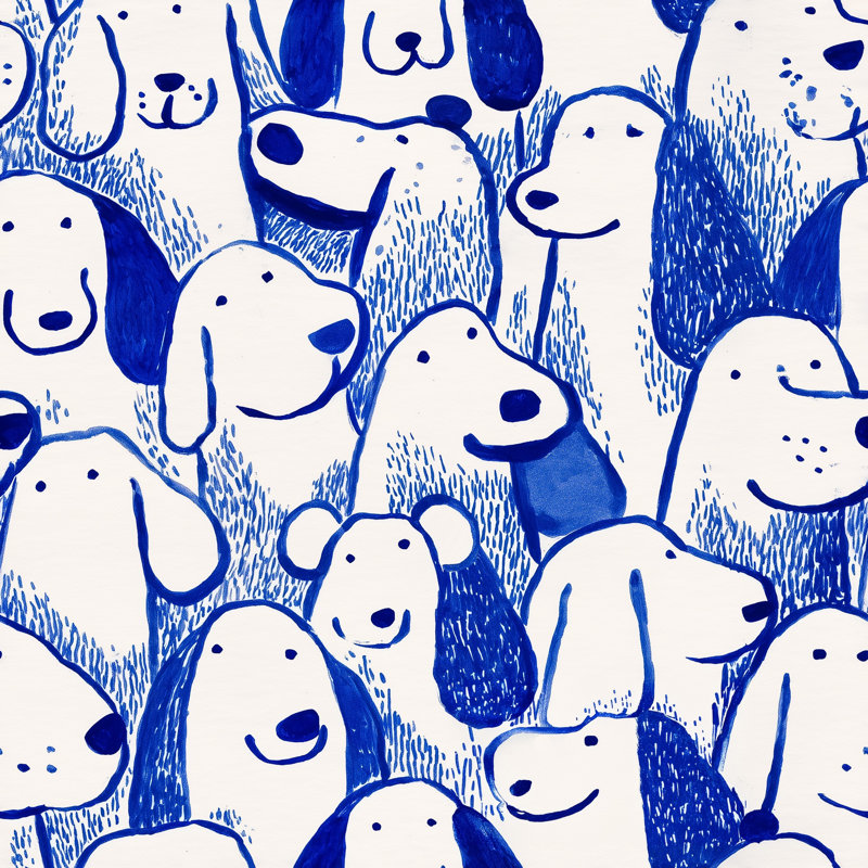 Papier peint bleu et blanc Playful Dogs, Non-Woven Non-Pasted