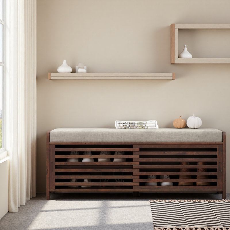 Shoe Bench With Storage And Cushion, Distressed Shutter Storage Bench With Retro Charm For Living Room, Espresso