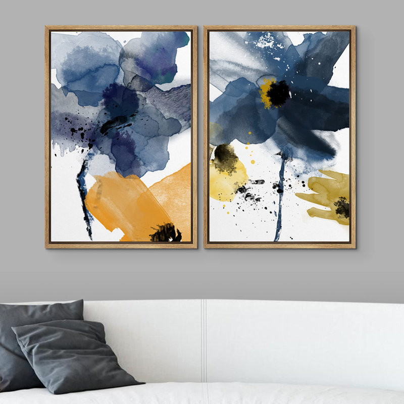 «Aquarelle, éclaboussures de marguerites bleues et jaunes, images murales botaniques, art moderne, chic et coloré», 2 pièces