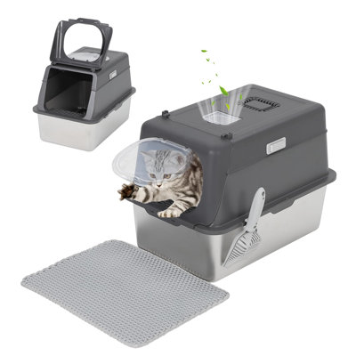 Odor Control & Easy-Clean Stainless Steel Cat Litter Box with Lid – Extra Large, Enclosed, Non-Stick, Odor-Resistant Pan for Big Cats – Includes Scoop & Litter Mat, Dark Gray