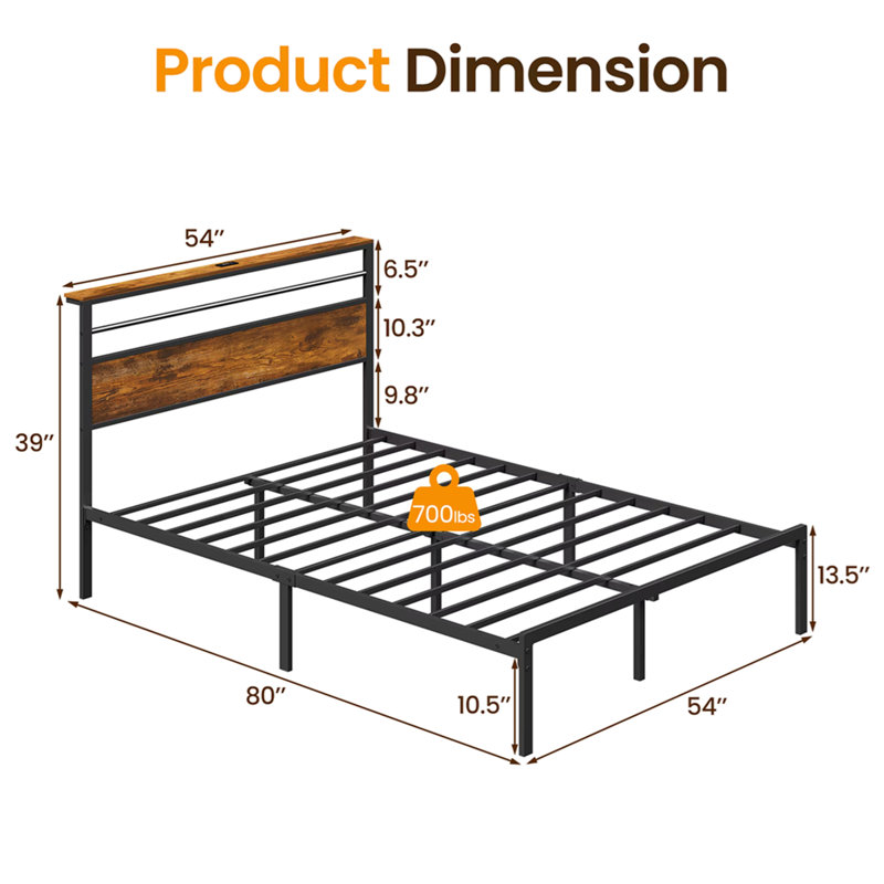 Structure de lit double avec tête de lit en bois, lumières DEL, lit plateforme industriel avec tablettes de rangement, assemblage facile et aucun sommier tapissier requis