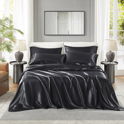 7 draps en satin de luxe noir très grand divisé, texture douce - boulochage, 1 drap plat, 2 draps-housses, 4 taies d'oreiller froissées