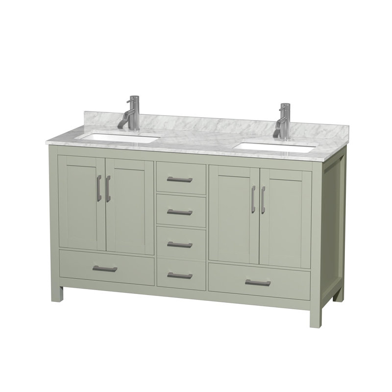 Sheffield 60" Freestanding Double Bathroom Vanity with Marble Top, White Carrara, Light Green