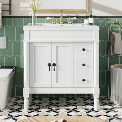 Meuble-lavabo moderne de 30 pouces avec bois massif, panneau de fibres à densité moyenne, lavabo en céramique et rangement spacieux pour des salles de bain élégantes et fonctionnelles