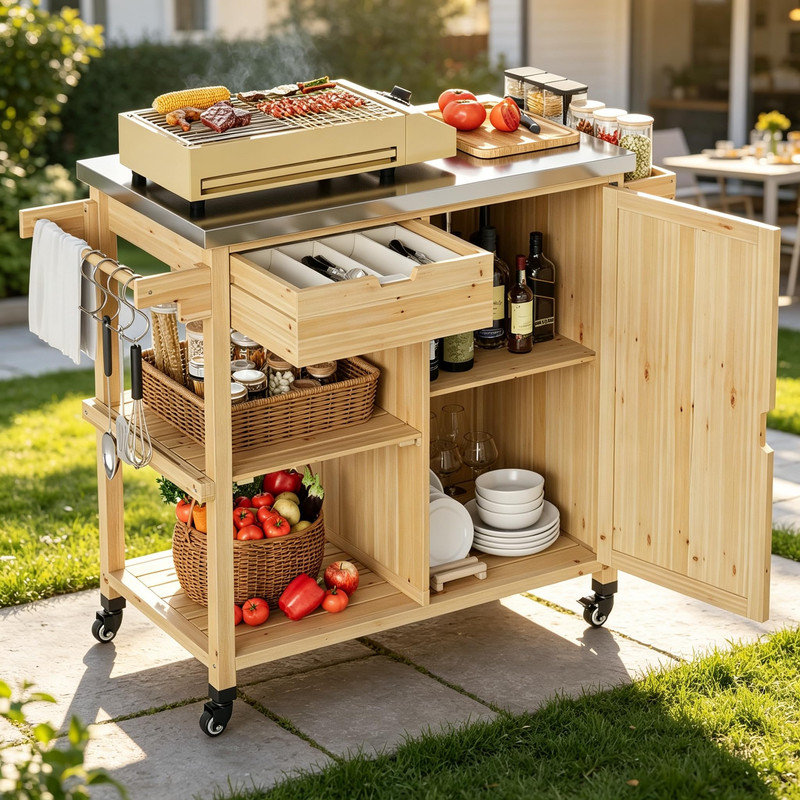 Table de préparation pour barbecue 44 po, table de travail en acier inoxydable avec armoire et tiroir