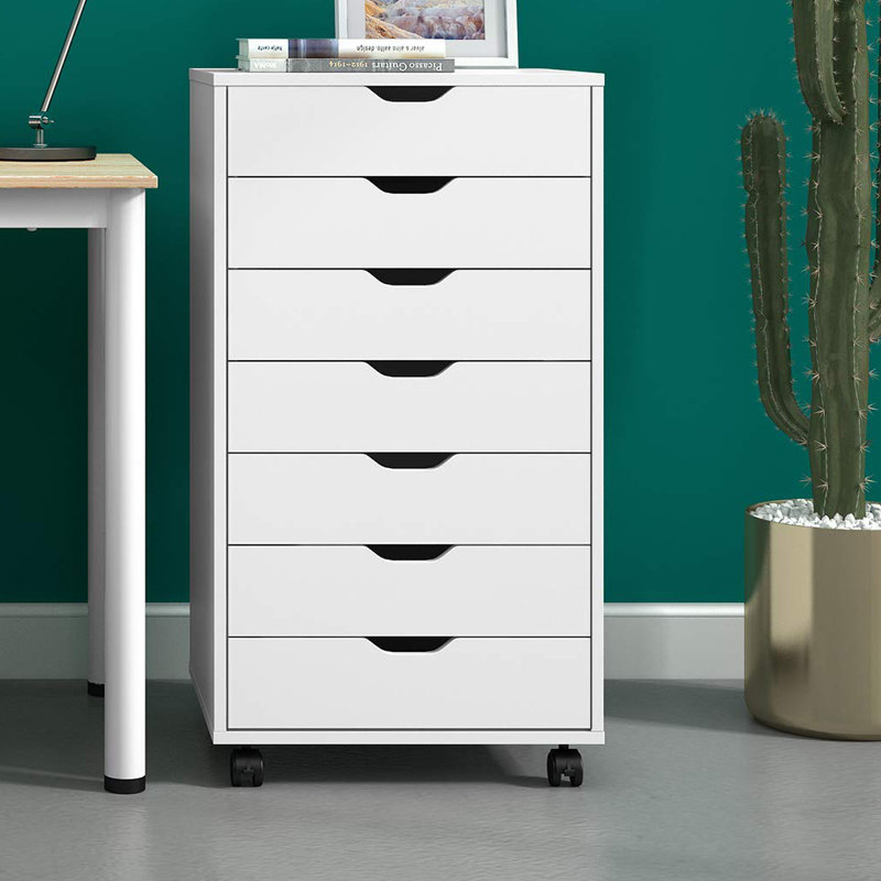 Classeur mobile à 7 tiroirs en bois avec roulettes verrouillables, commode de rangement moderne et classeur Cambrie, Blanc