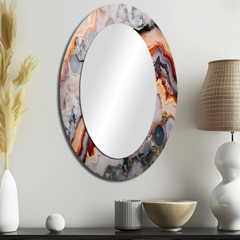 Beige And Peach Stone Geode Simplicity - Landscapes Oval Decorative Mirror On Metal, 36" H x 24" W