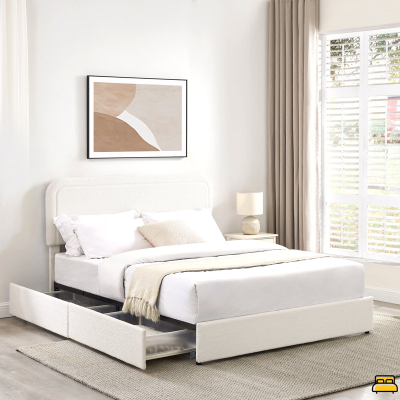Lit plateforme tapissier à 2 tiroirs avec grand lit, tête de lit capitonnée surpiquée, support de matelas à lattes en bois, aucun sommier requis