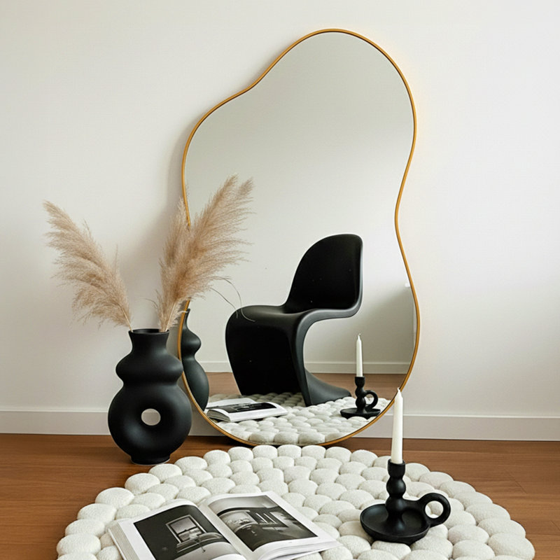 Asymmetrical Metal Framed Wall Mirror, Gold, 36" x 24"
