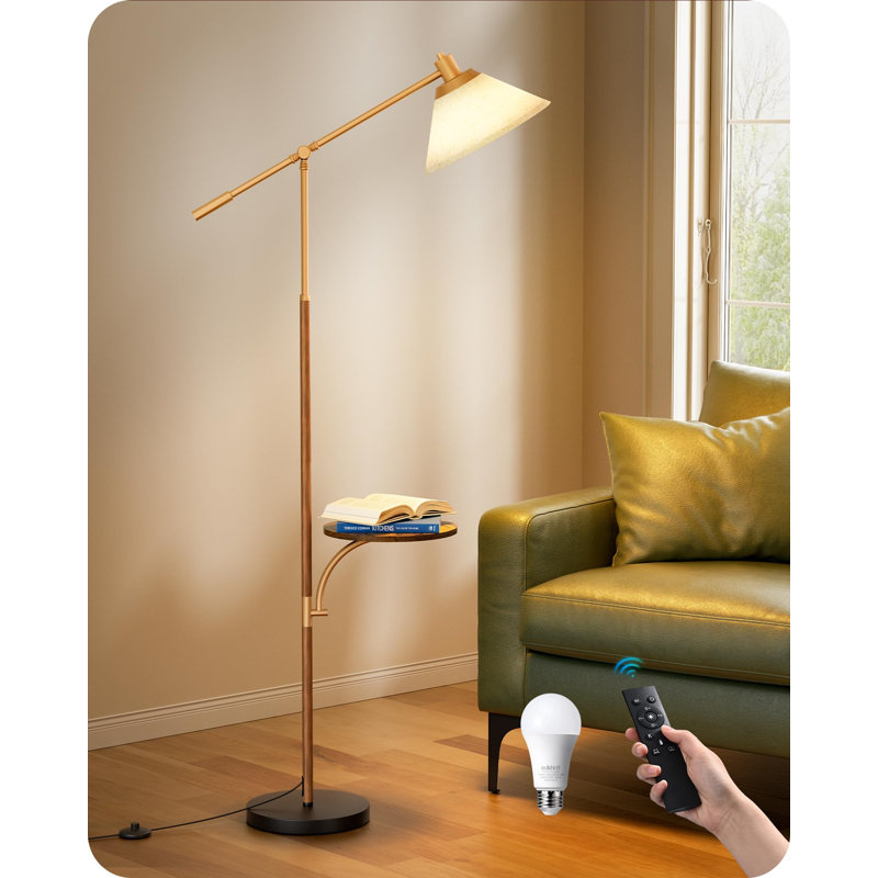 68" Arc Floor Lamp With Table, Vintage Standing Lamp With Tray, Tall Reading Lamp, Beige Shade, Adjustable Arm, Remote Dimmable Bulb Included