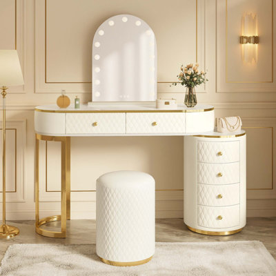 Luxury Makeup Vanity Desk With 3-Color LED Mirror & Stool, Adjustable Length Vanity Table With Movable Side Cabinet, 6 Drawers Storage, Marble-Look Sticker Top, PU Leather Drawers