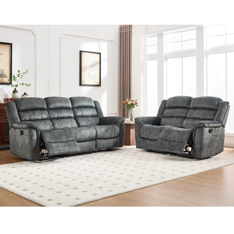 2-Piece Modern And Super Soft Microfiber Manual Reclining Living Room Set With A Overstuffed Loveseat & A Oversize Sofa, Gray