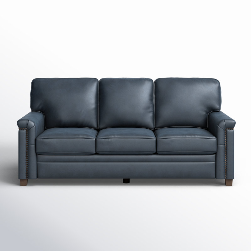 Ansela 77.2" Genuine Leather Square Arm 3-Seat Sofa, Navy Genuine Leather
