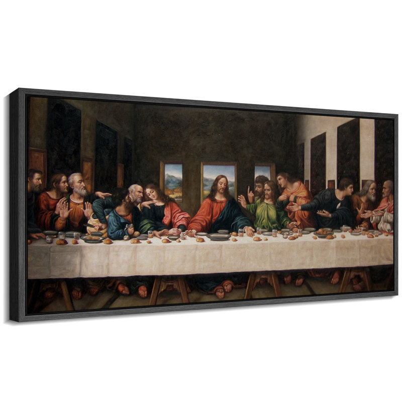 Classic Last Supper Artwork Extra Large Pictures Framed Canvas Print Wall Art, Black Frame, 30" H x 60" W x 1.5" D