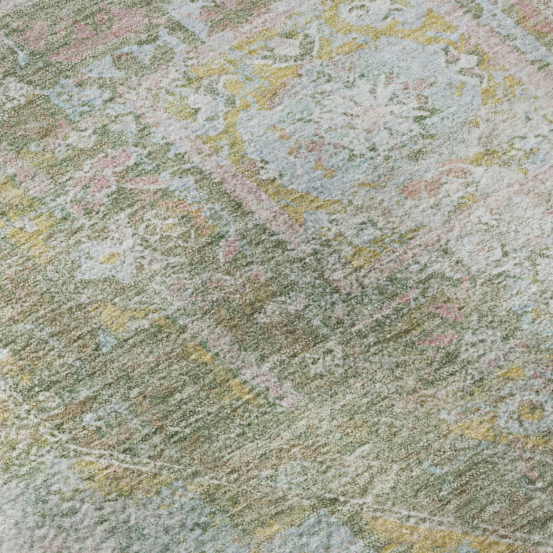 Premium Machine Washable Mayfield AMF2140 global Rug, Green, 8' Round
