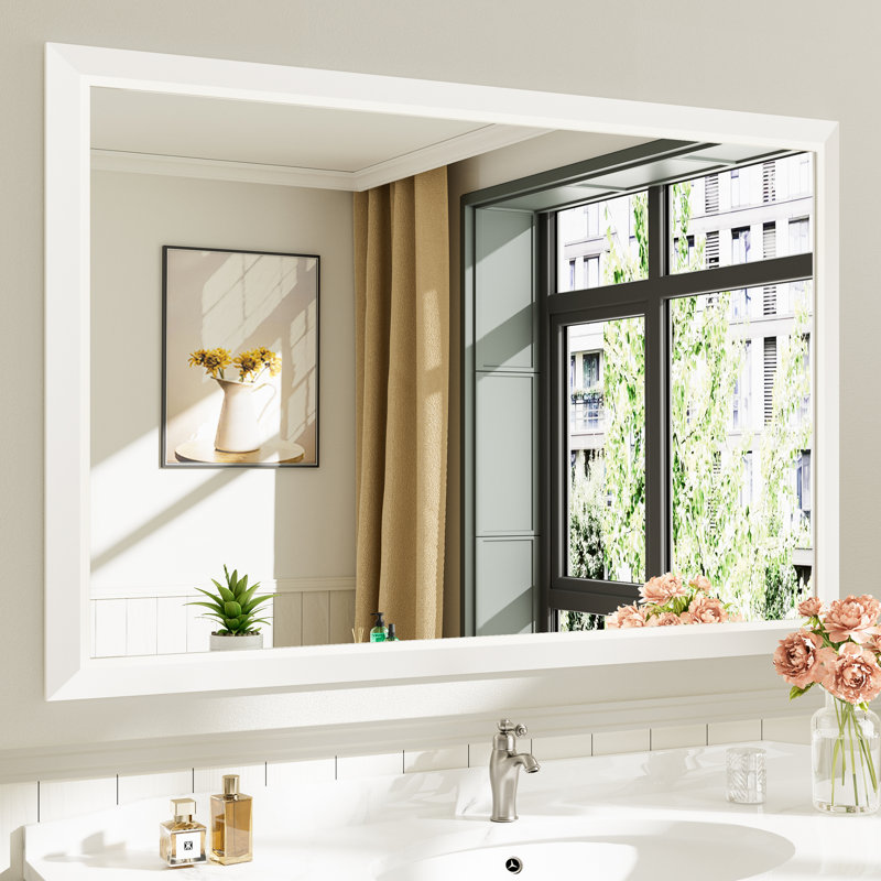 Miroirs de salle de bain modernes et contemporains en métal biseauté rectangulaire / carré avec verre trempé HD, Blanc