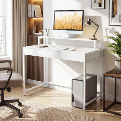 Computer Desk with Power Outlets, Compact Office Desk with Removable Monitor Shelf White