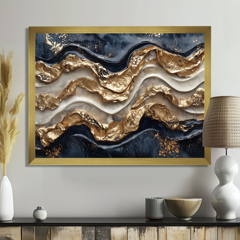 Norreta Golden Eclipse On Marble Dancing Waves IV - Art mural réaliste pour salon, Cadre simple, H 12 po x l 20 po, Doré