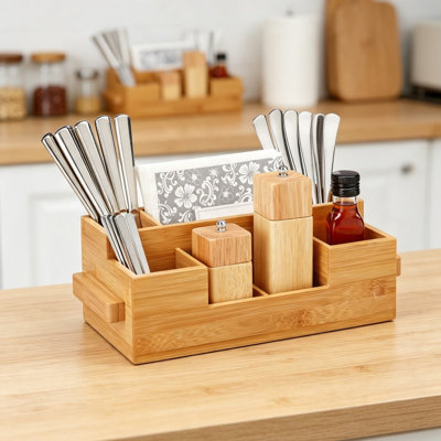 Cutlery Holder Bamboo 7 Compartments, Table Caddy 12 x 35 x 15 cm