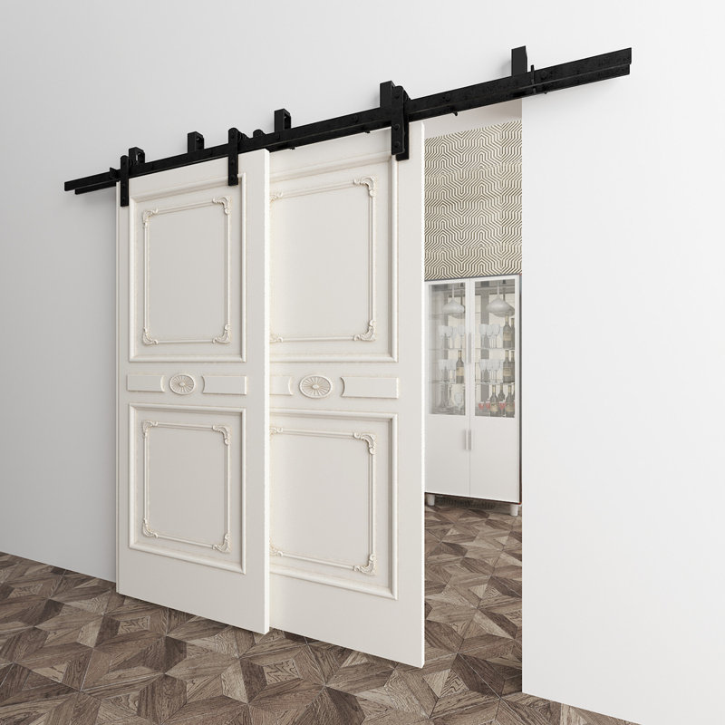 Black Rustic Straight Design U Bracket Double Track Bypass Two Door Barn Door Hardware Kit, 156 in.