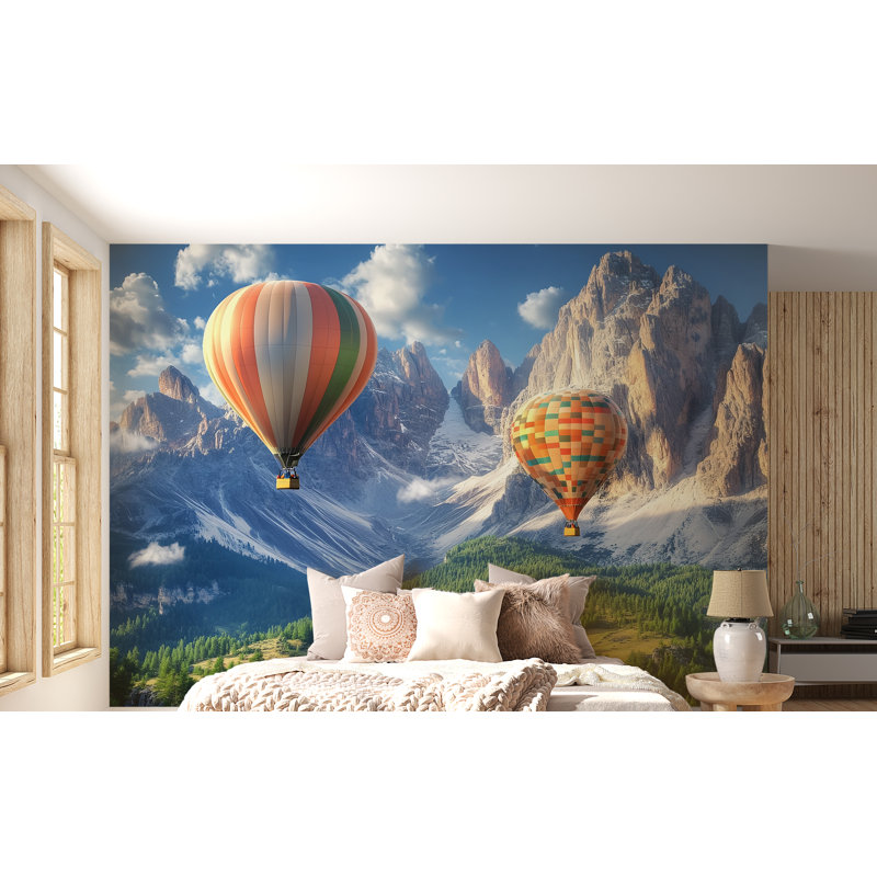 Scenic Hot Air Balloon Flight Mountain Landscape Wallpaper - Serene Adventure Wall Mural (Non-Woven) VN381, Peler et coller