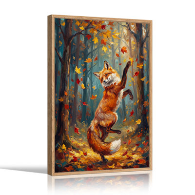 «Fox Catching Autumn Leaves in Forest», art mural sur toile