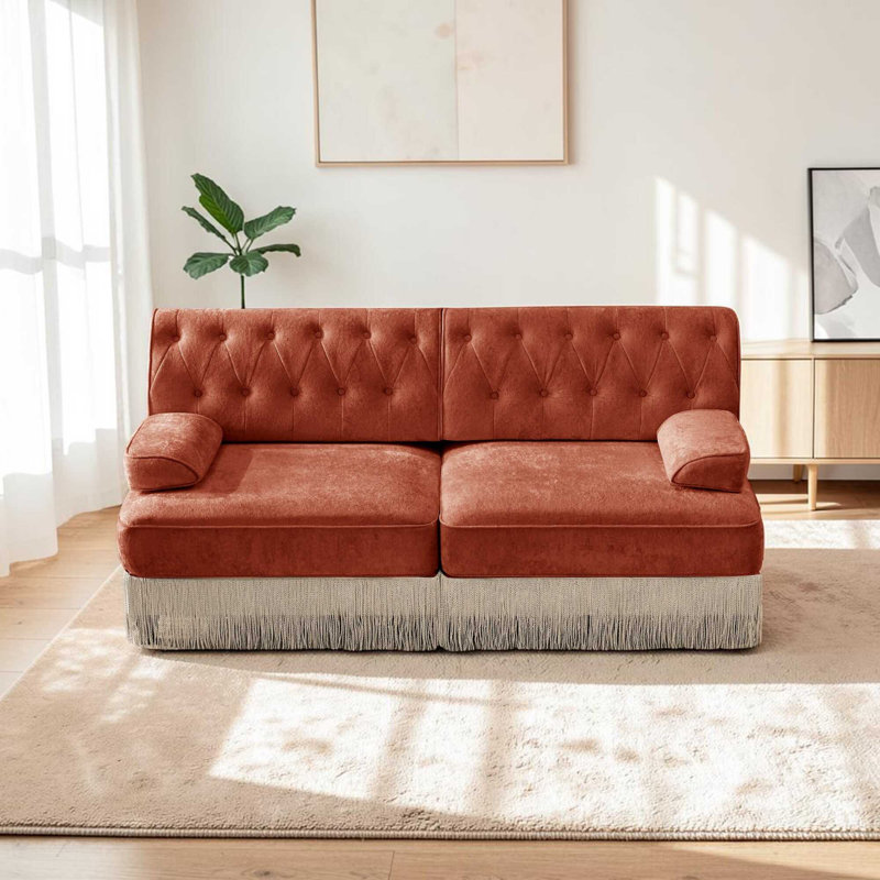 Causeuse modulaire en velours doux de 76,6 po avec jupe à franges sur le plancher, Rouge / Brun