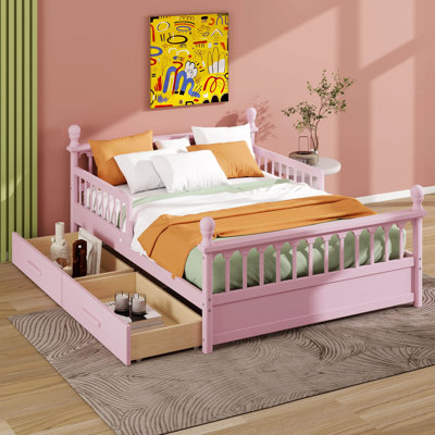 Bed Frame with Safety Guardrails and 2 Storage Drawers, Wooden Platform Bed with Slats Support