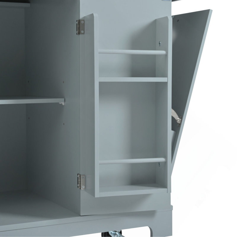 Îlot de cuisine cannelé avec armoire de rangement pour poubelle, prise de courant, support de rangement interne, îlots de cuisine roulants sur 5 roues avec 3 tiroirs, 3 supports latéraux ouverts pour poubelle de 10 gallons
