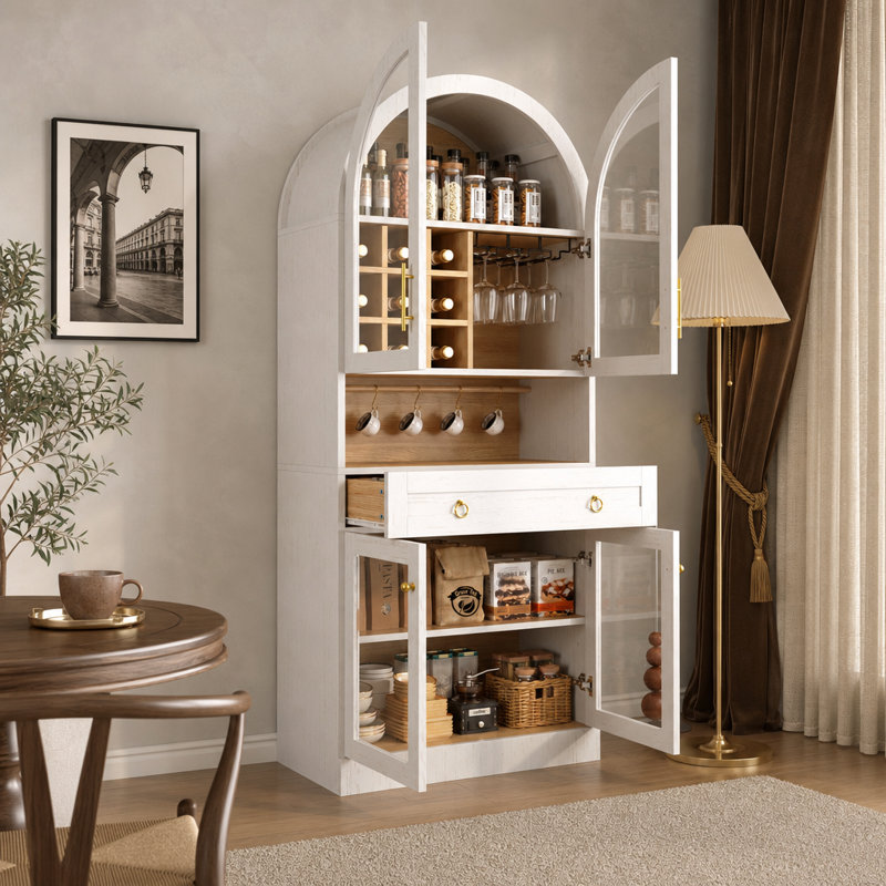 Bar à vin 70 po de hauteur avec portes en verre, support à 9 bouteilles, tiroir et tablettes de rangement, Blanc