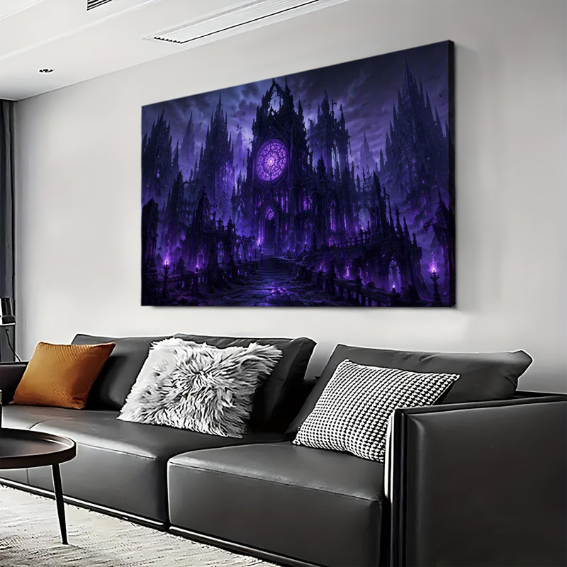 Château gothique sombre avec vitraux violets lumineux - Toile murale fantastique et effrayante pour l'Halloween, 20x24in